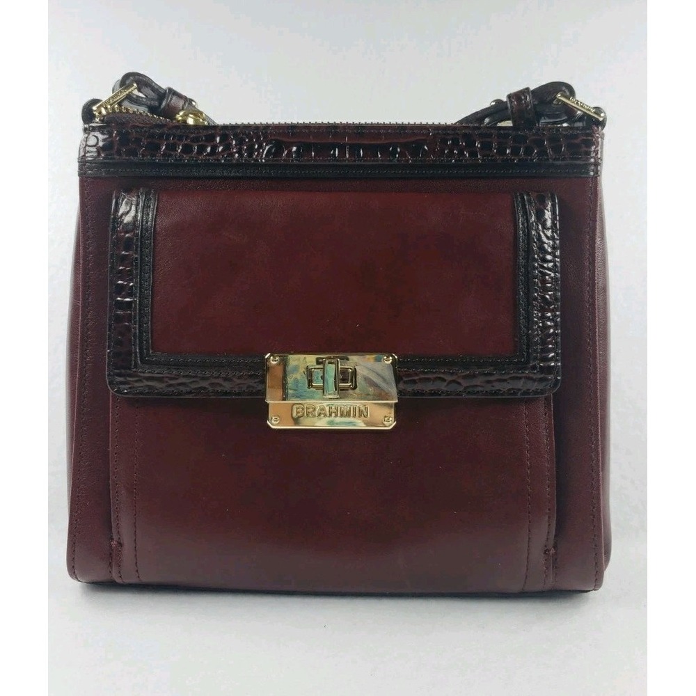 Brahmin Mimosa Crossbody Bag Burgundy Leather Built-In Wallet Key Leash Turn Loc